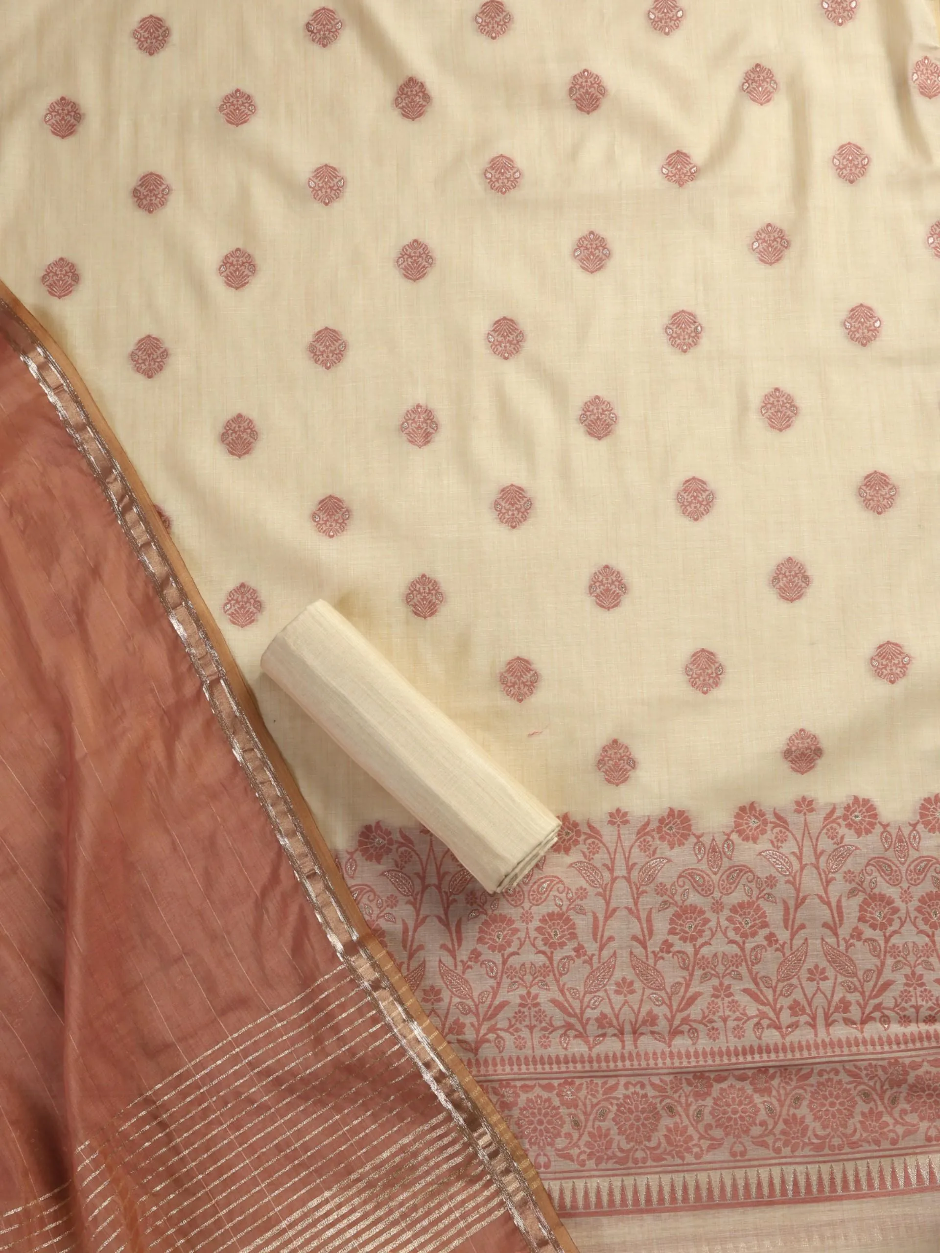 3 pc Unstitched Suit SET - Cherry Jacquard Paisley Kurta with Zari Dupatta and Pyjama