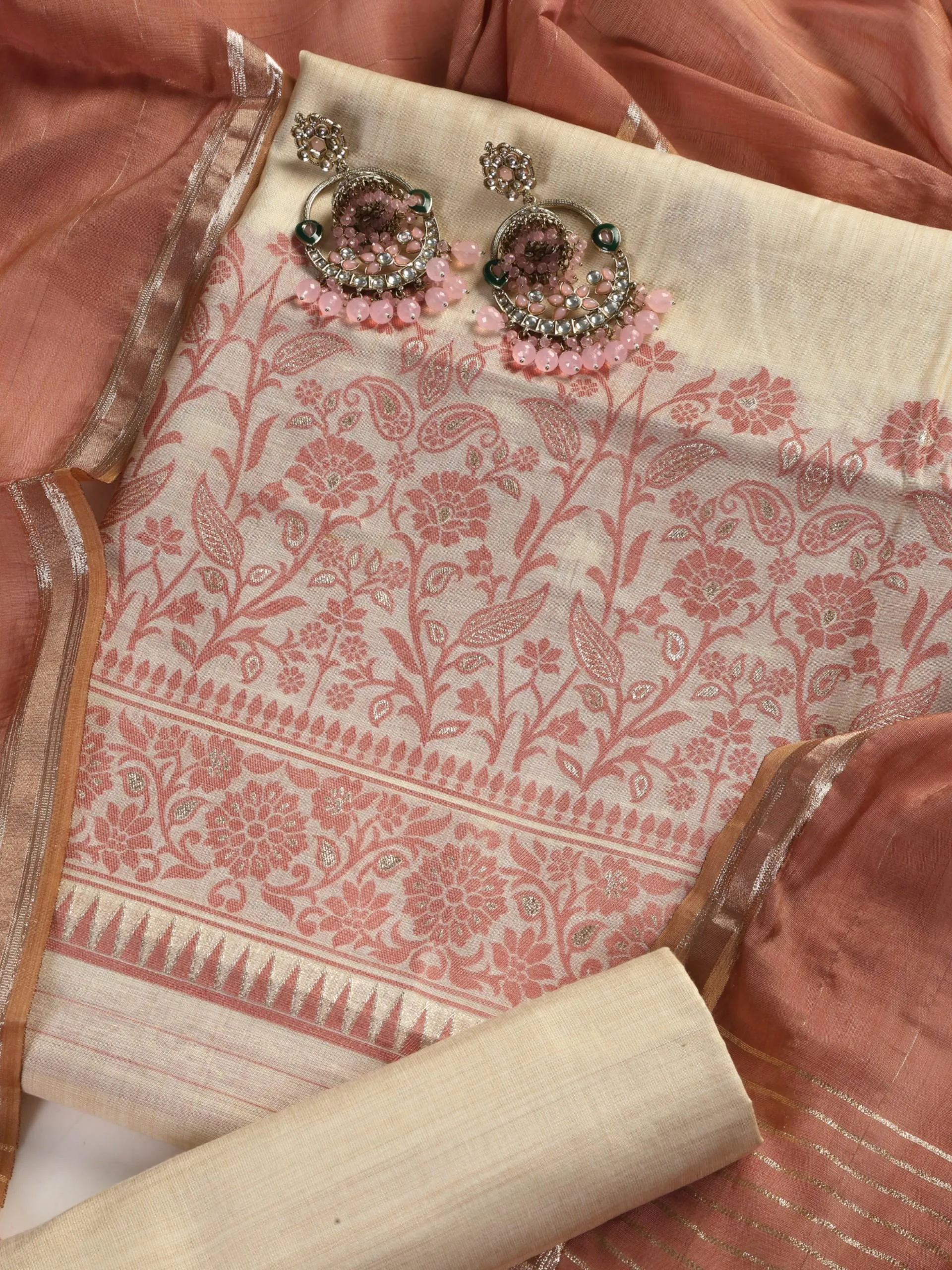 3 pc Unstitched Suit SET - Cherry Jacquard Paisley Kurta with Zari Dupatta and Pyjama