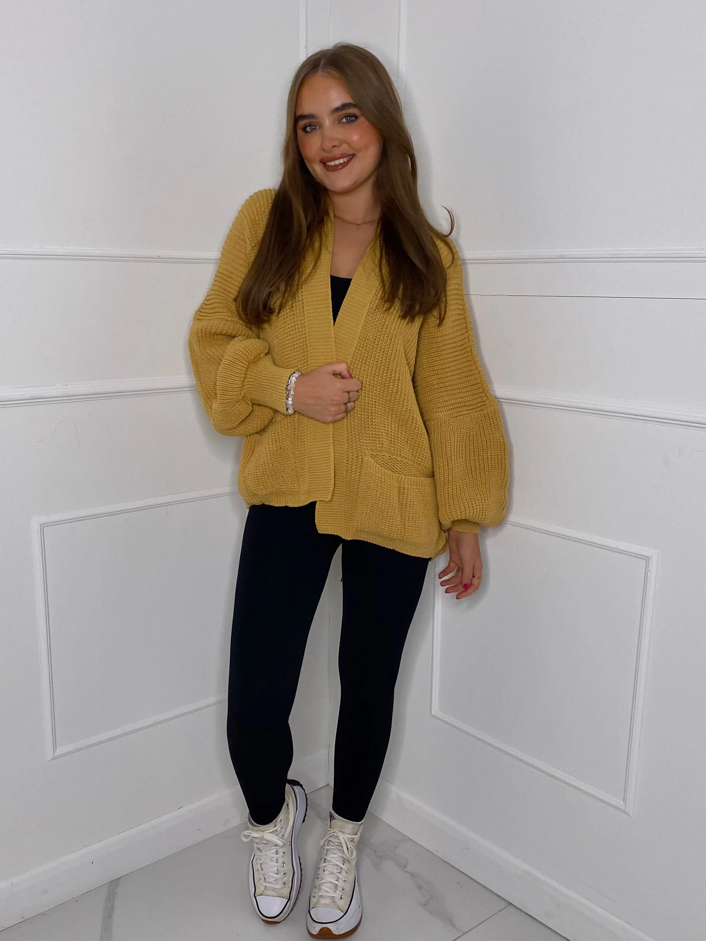 Balloon Sleeve Knitted Cardigan - Mustard