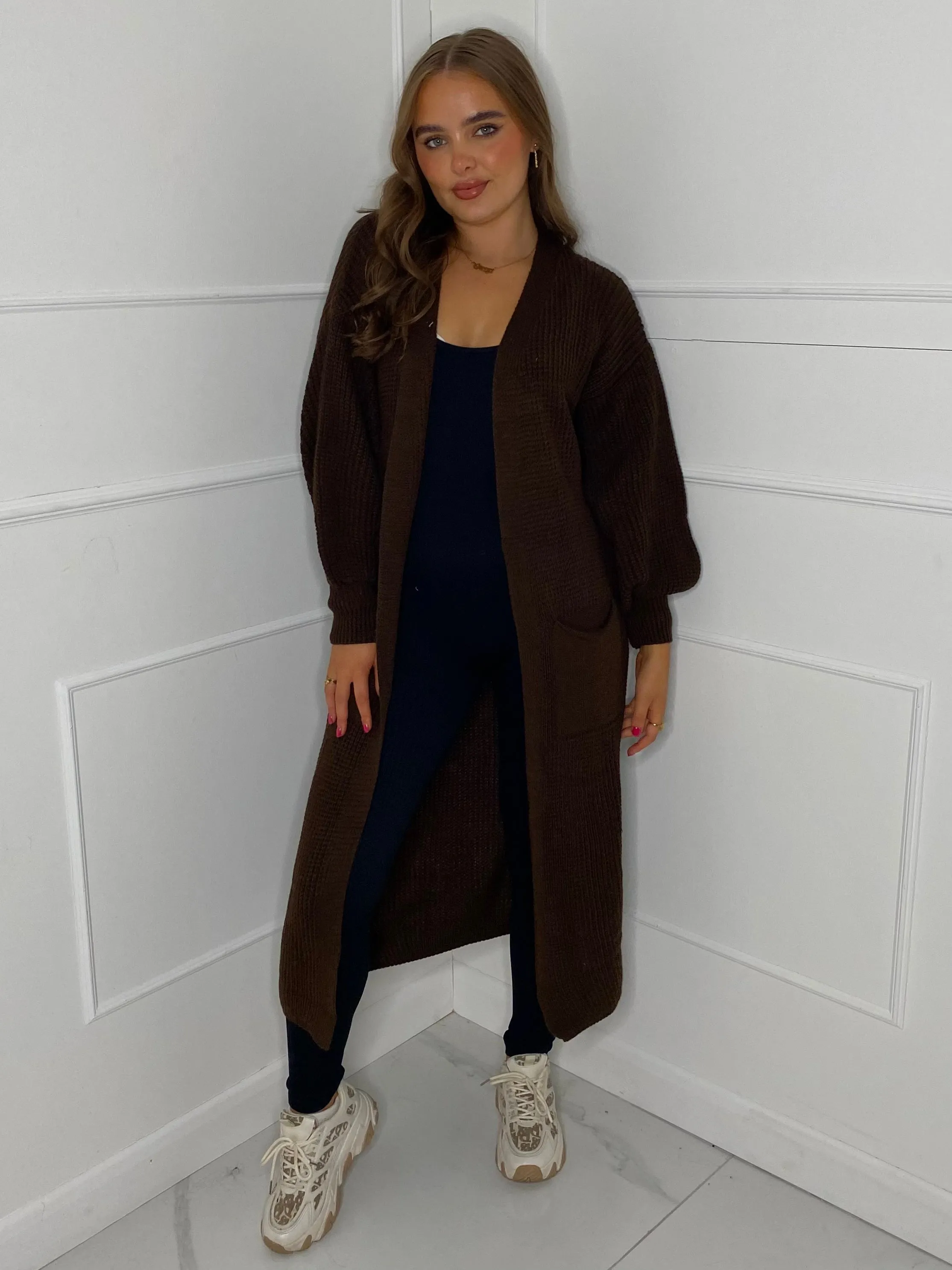 Balloon Sleeve Long Knitted Cardigan - Brown