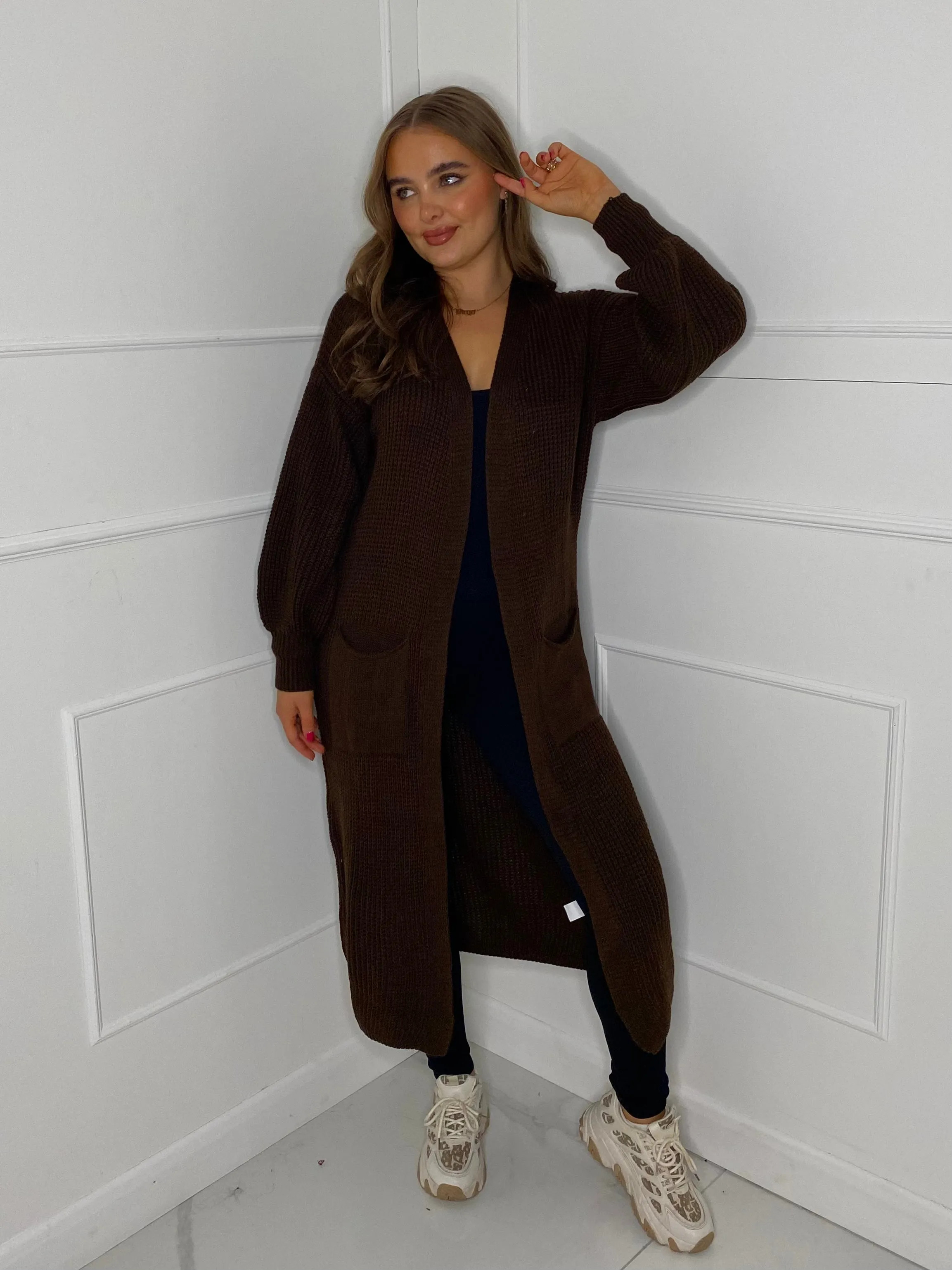 Balloon Sleeve Long Knitted Cardigan - Brown