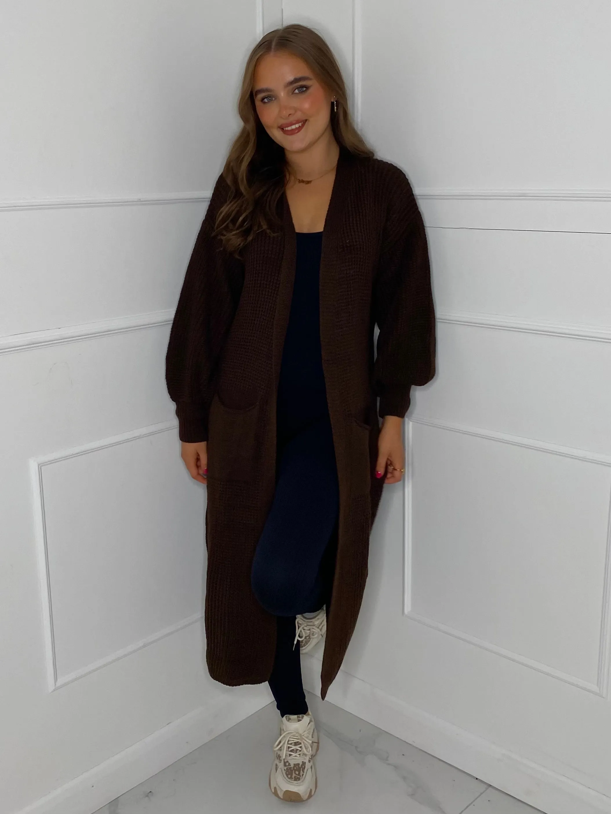 Balloon Sleeve Long Knitted Cardigan - Brown