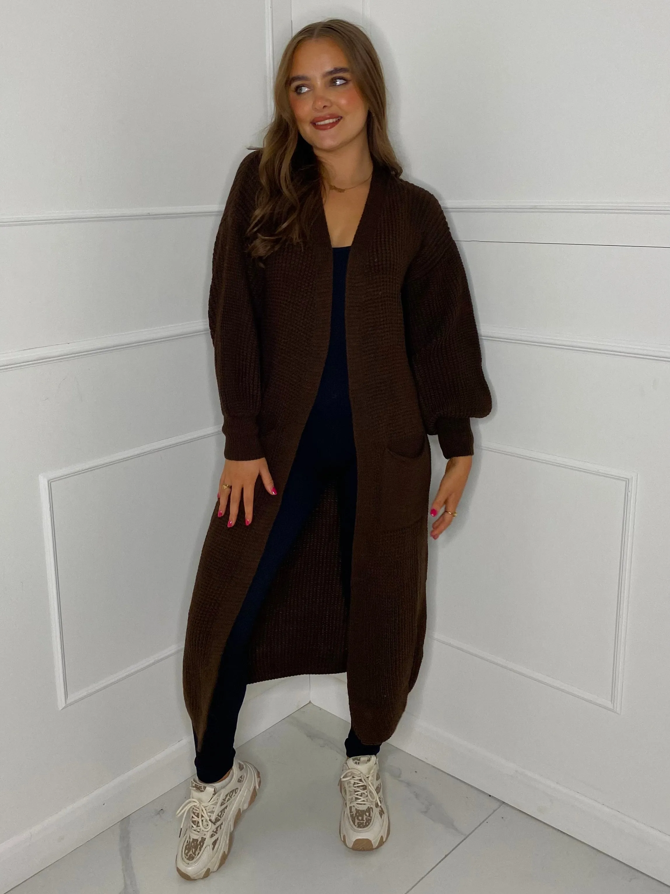 Balloon Sleeve Long Knitted Cardigan - Brown
