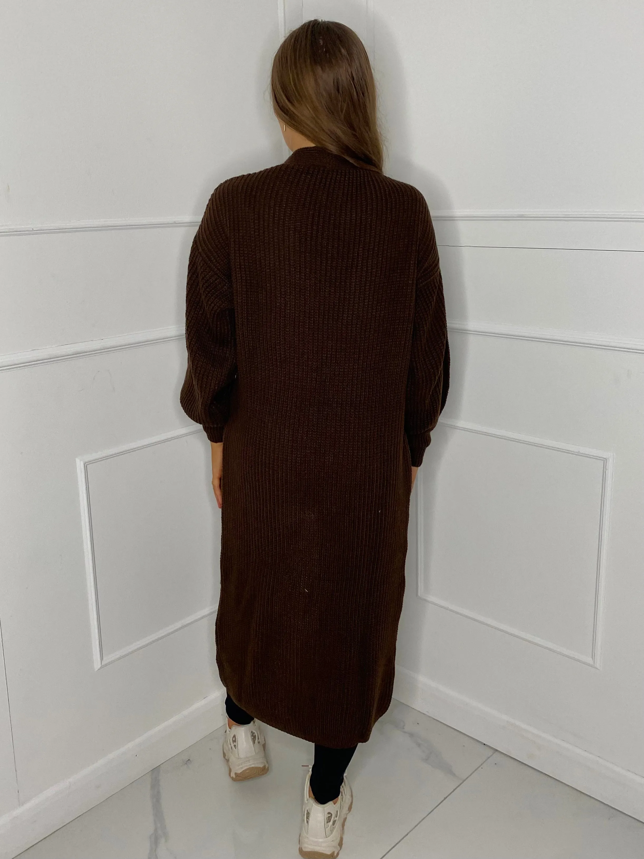Balloon Sleeve Long Knitted Cardigan - Brown
