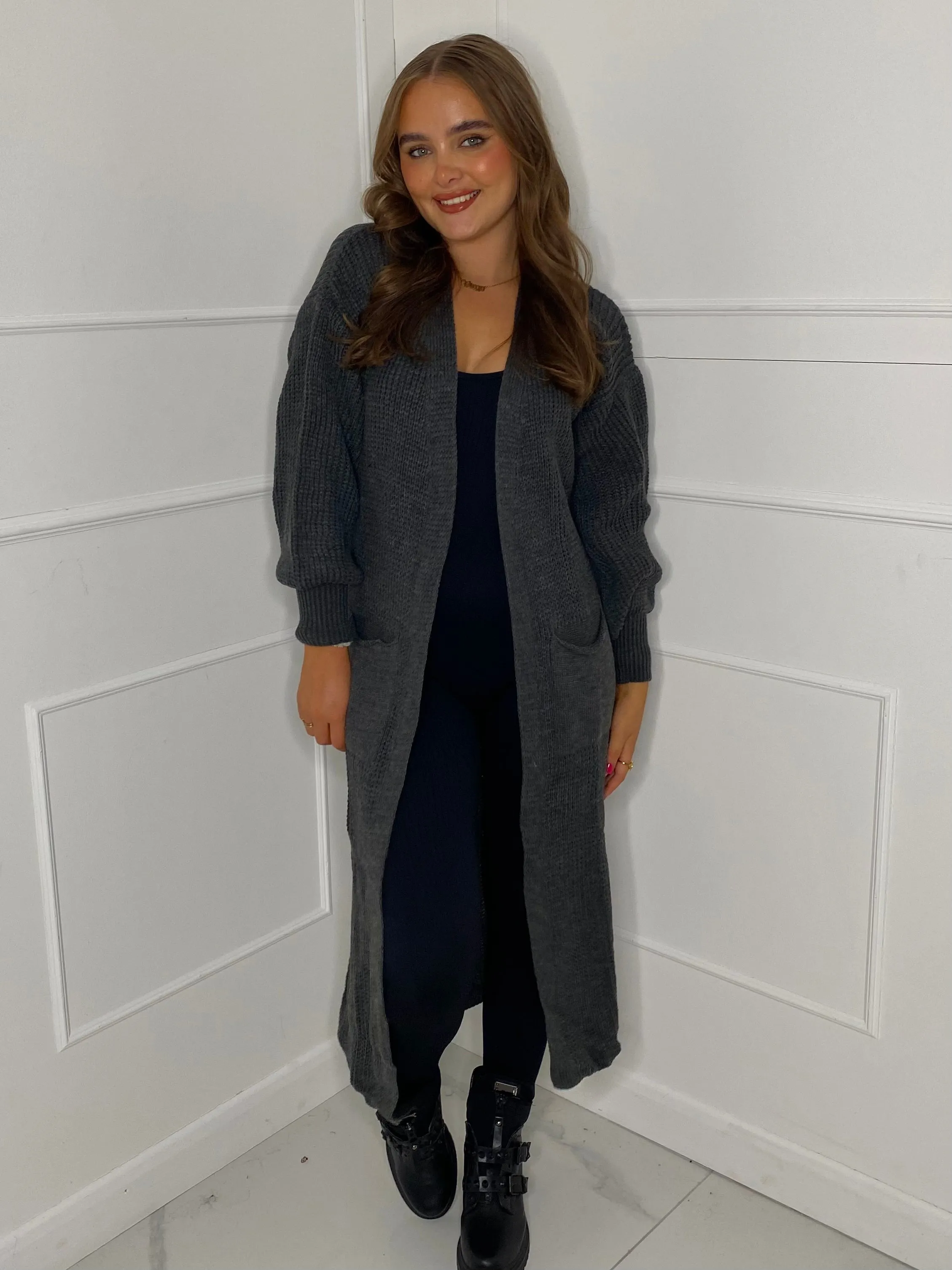 Balloon Sleeve Long Knitted Cardigan - Dark Grey