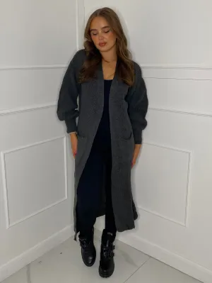Balloon Sleeve Long Knitted Cardigan - Dark Grey