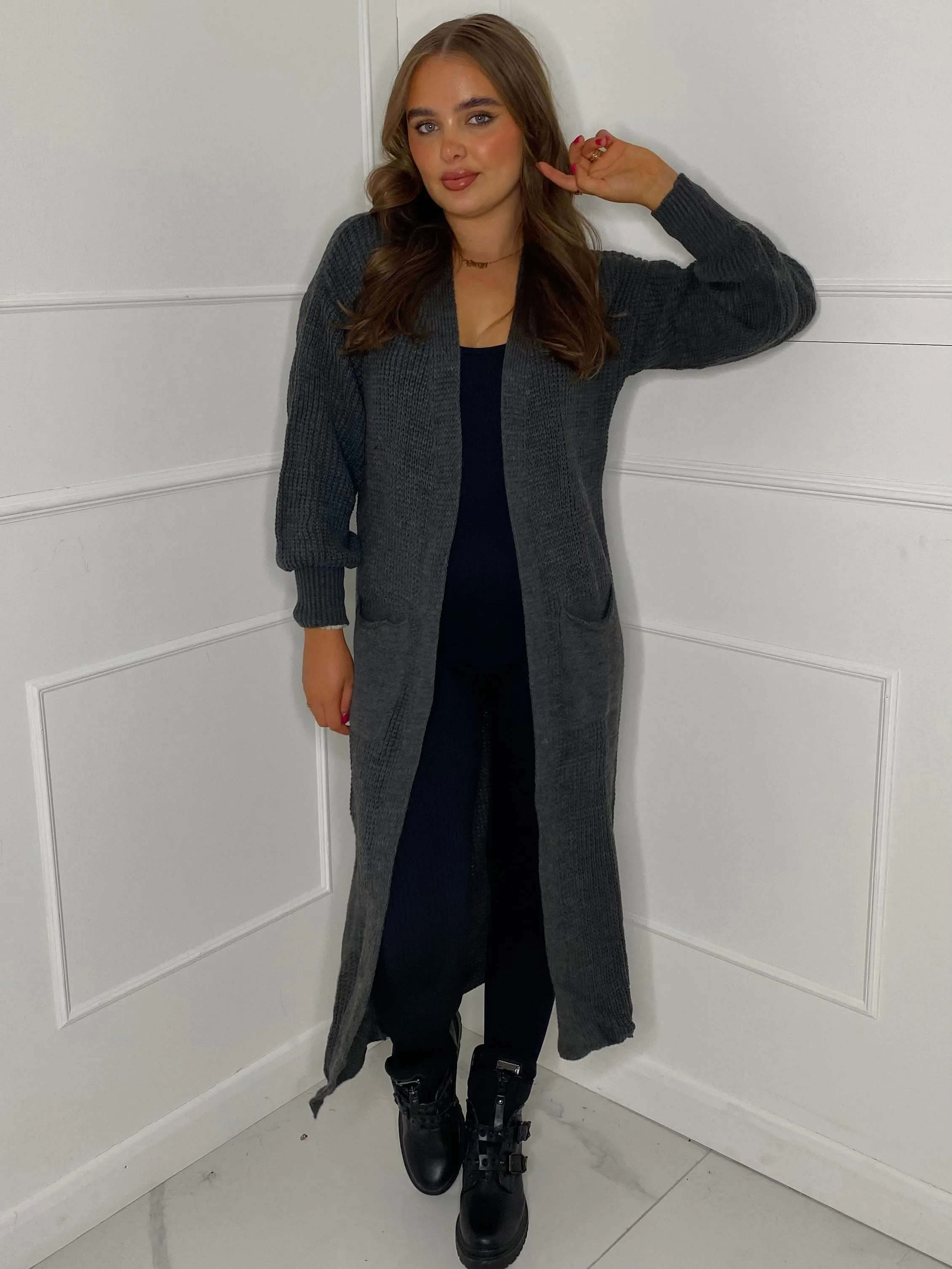 Balloon Sleeve Long Knitted Cardigan - Dark Grey