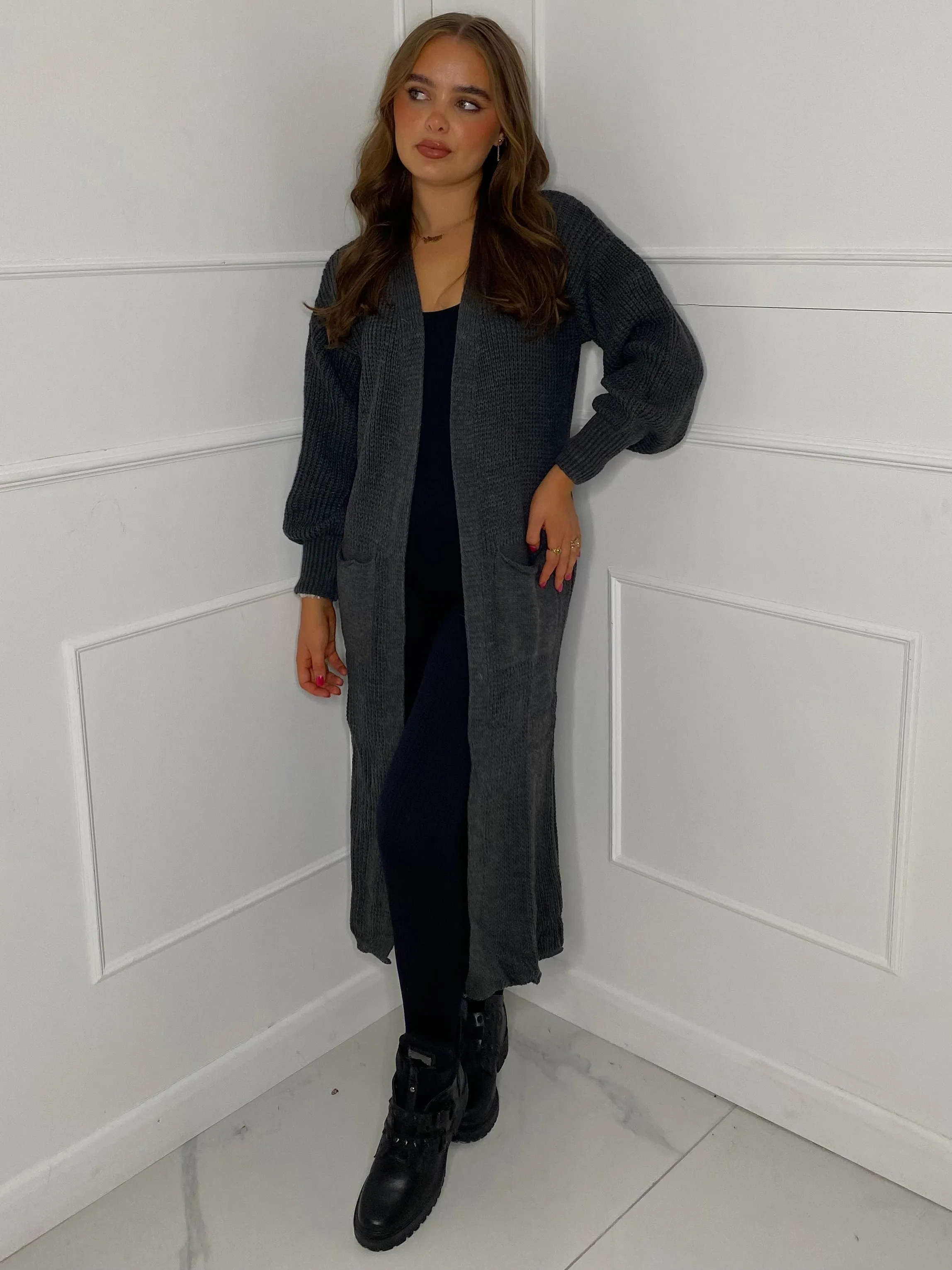 Balloon Sleeve Long Knitted Cardigan - Dark Grey