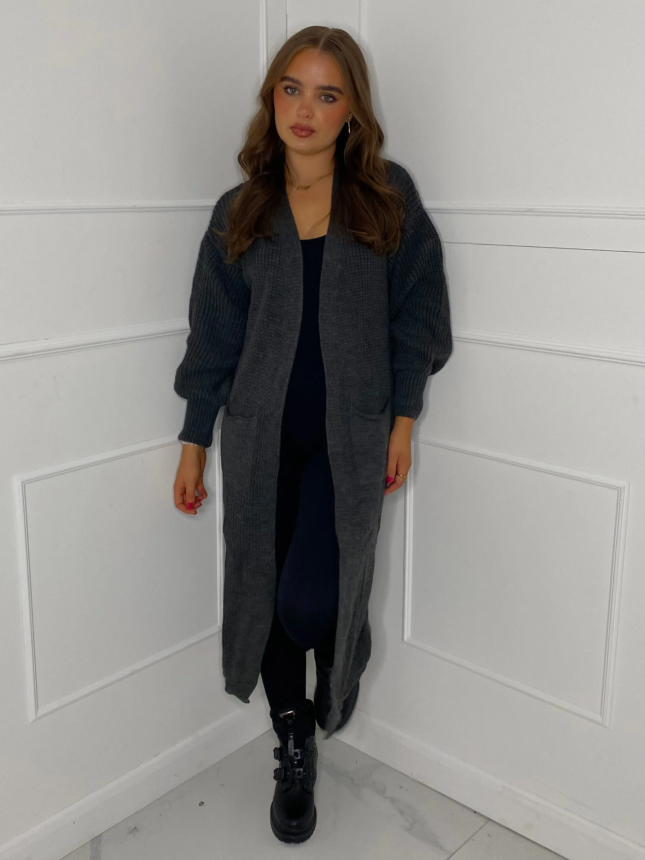 Balloon Sleeve Long Knitted Cardigan - Dark Grey