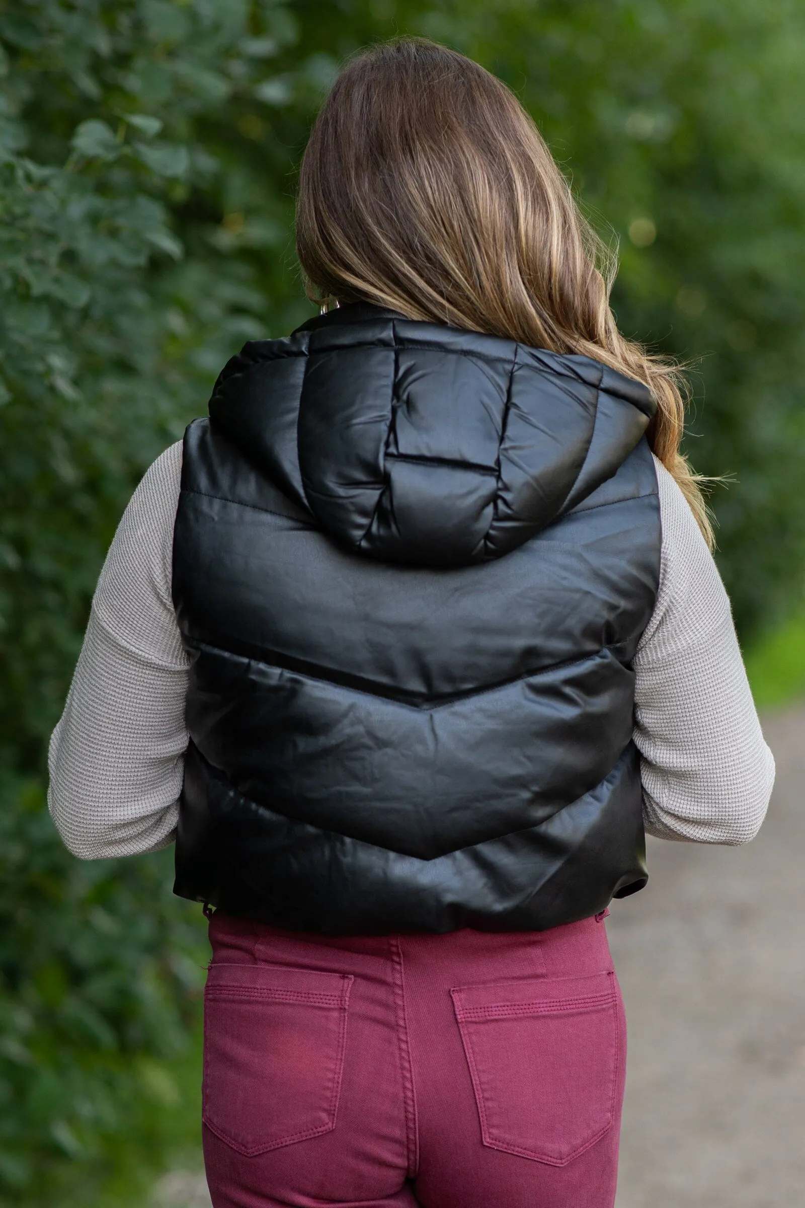 Black Hooded Channel Quilted Puffer Vest