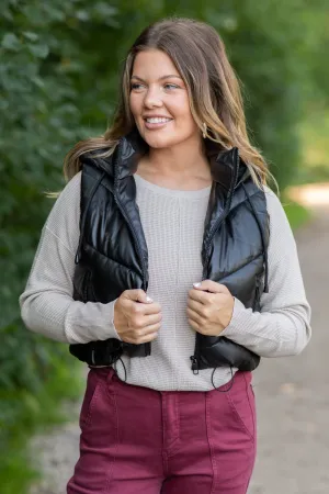 Black Hooded Channel Quilted Puffer Vest