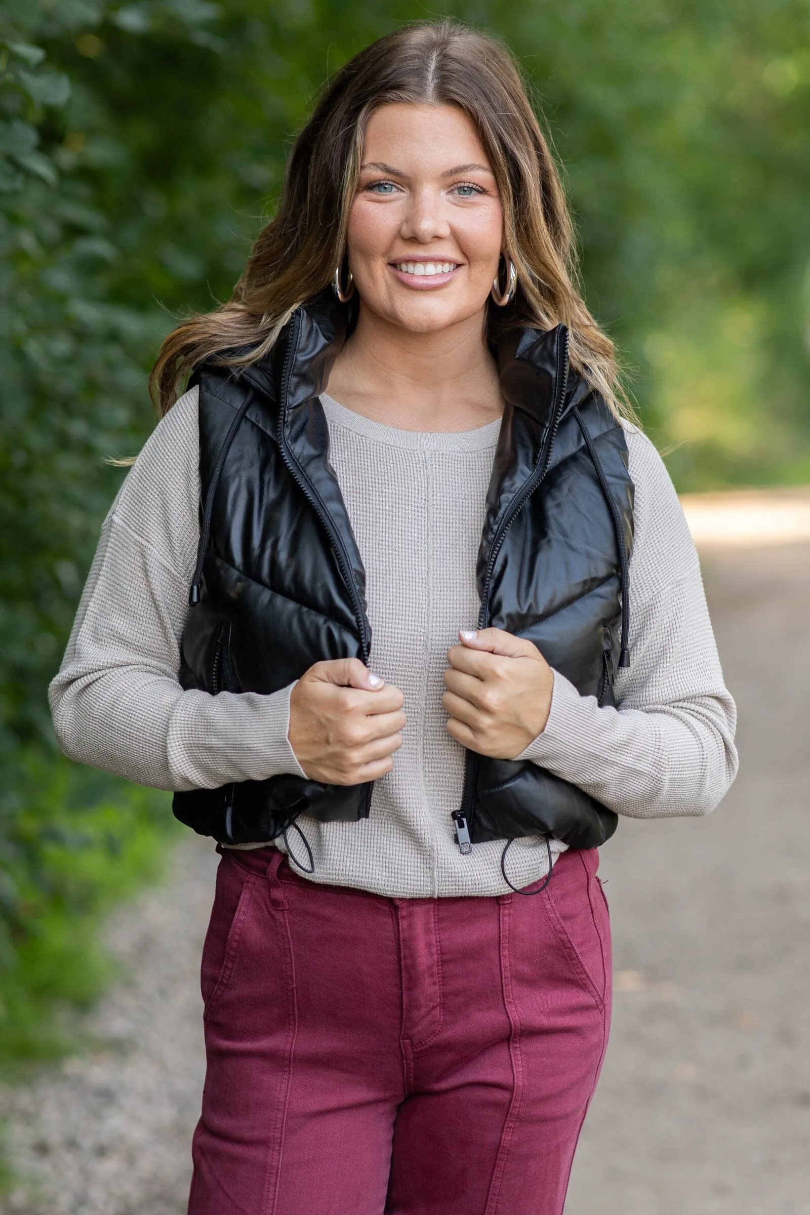 Black Hooded Channel Quilted Puffer Vest