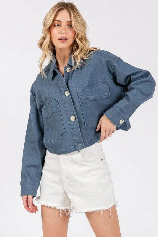 bytos Button Down Cropped Denim Jacket with Patch Pockets In French Blue