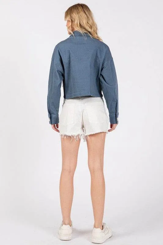 bytos Button Down Cropped Denim Jacket with Patch Pockets In French Blue