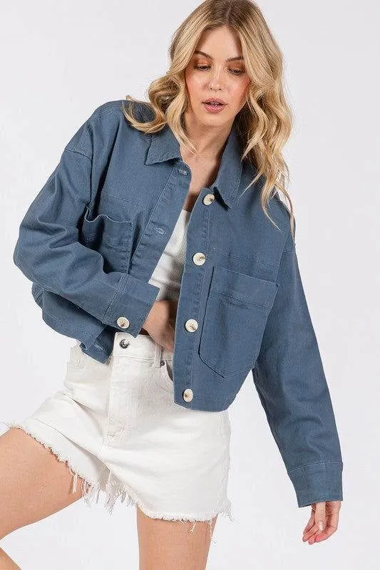 bytos Button Down Cropped Denim Jacket with Patch Pockets In French Blue