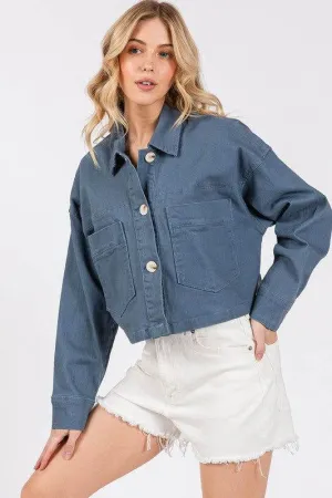 bytos Button Down Cropped Denim Jacket with Patch Pockets In French Blue