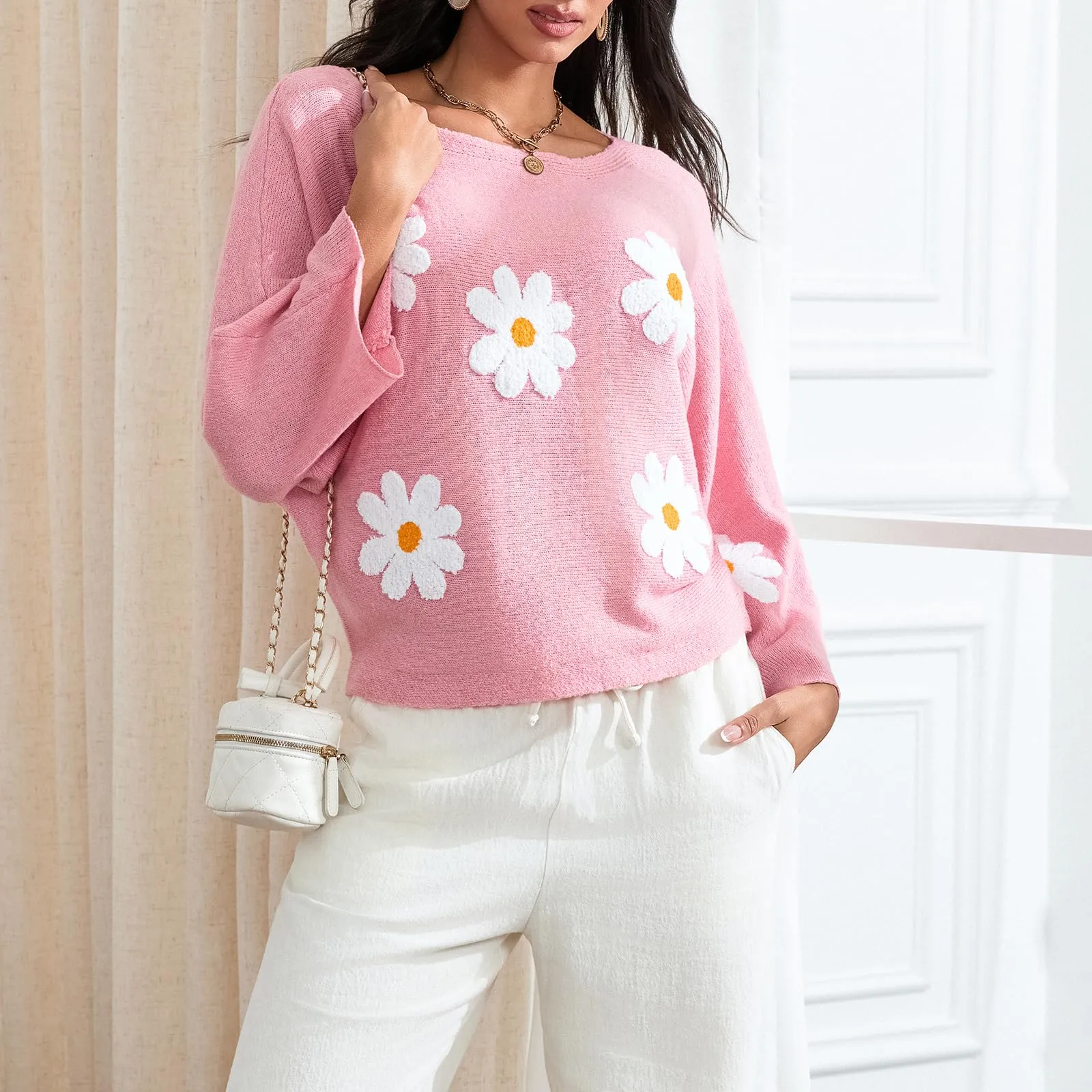 Embroidered Floral Knit Pullover Sweater