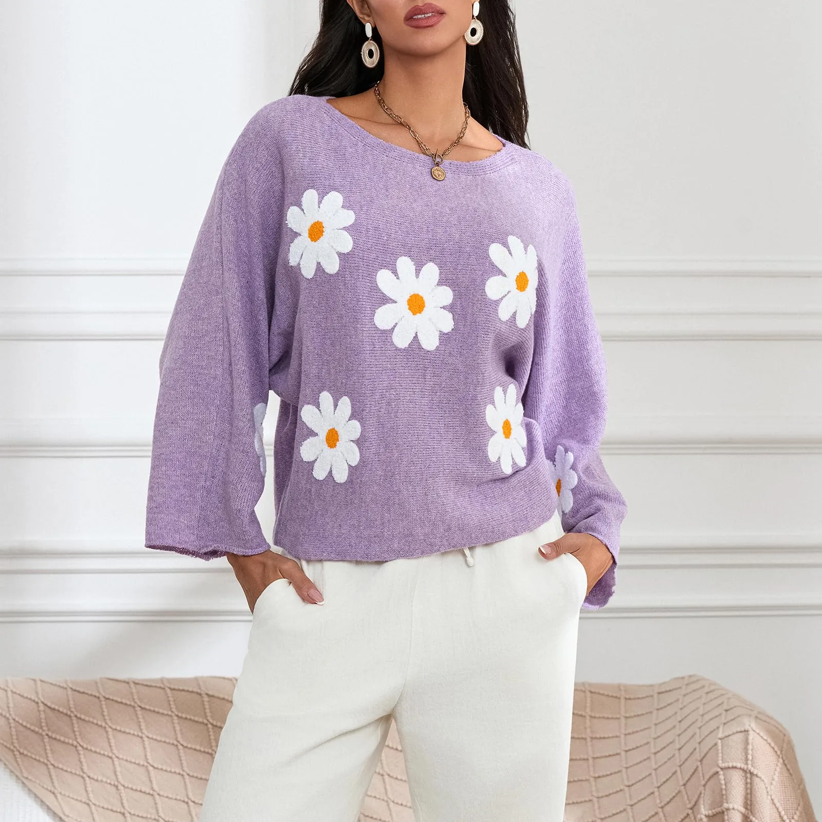 Embroidered Floral Knit Pullover Sweater