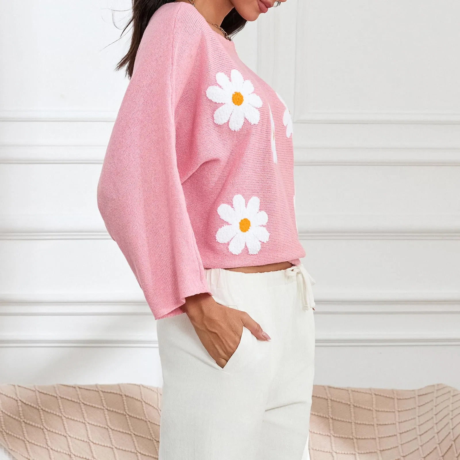 Embroidered Floral Knit Pullover Sweater
