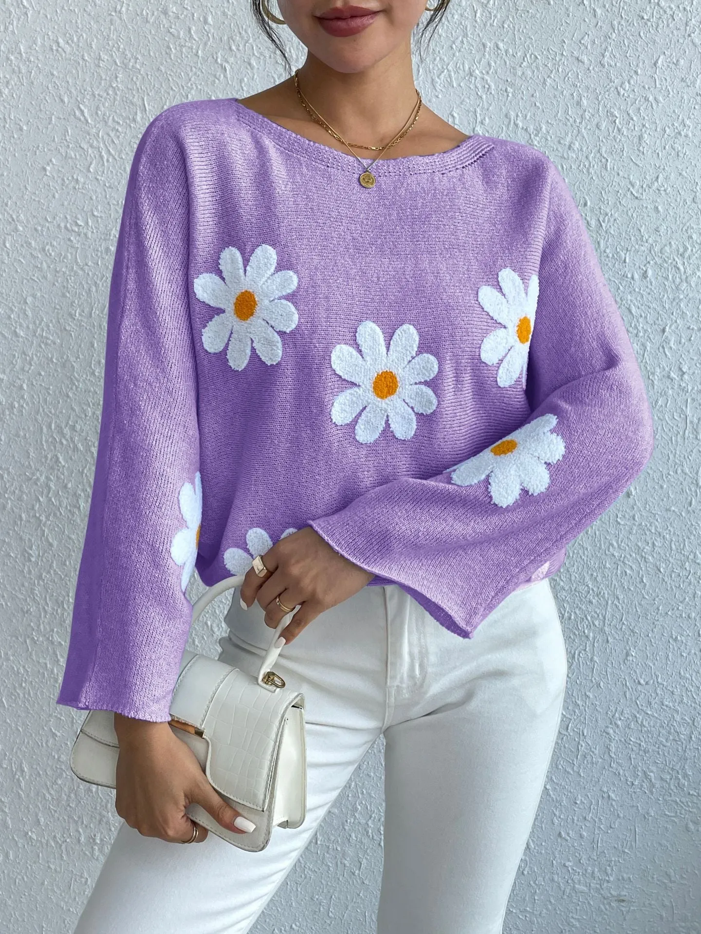 Embroidered Floral Knit Pullover Sweater