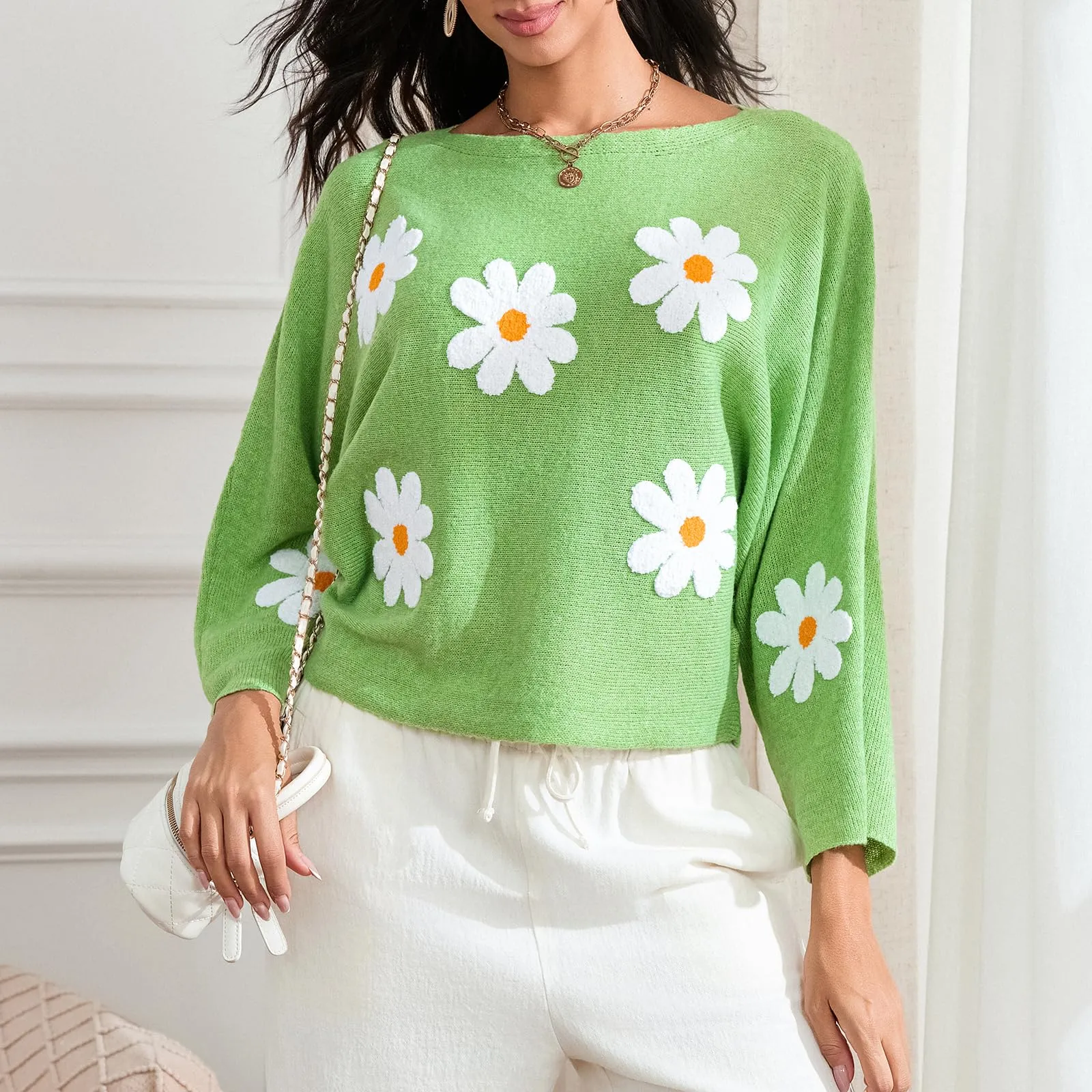Embroidered Floral Knit Pullover Sweater