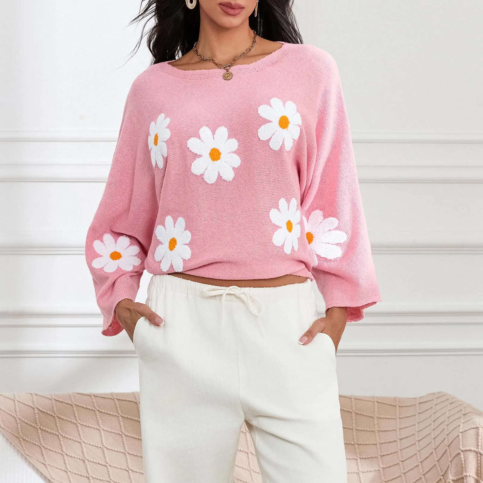Embroidered Floral Knit Pullover Sweater