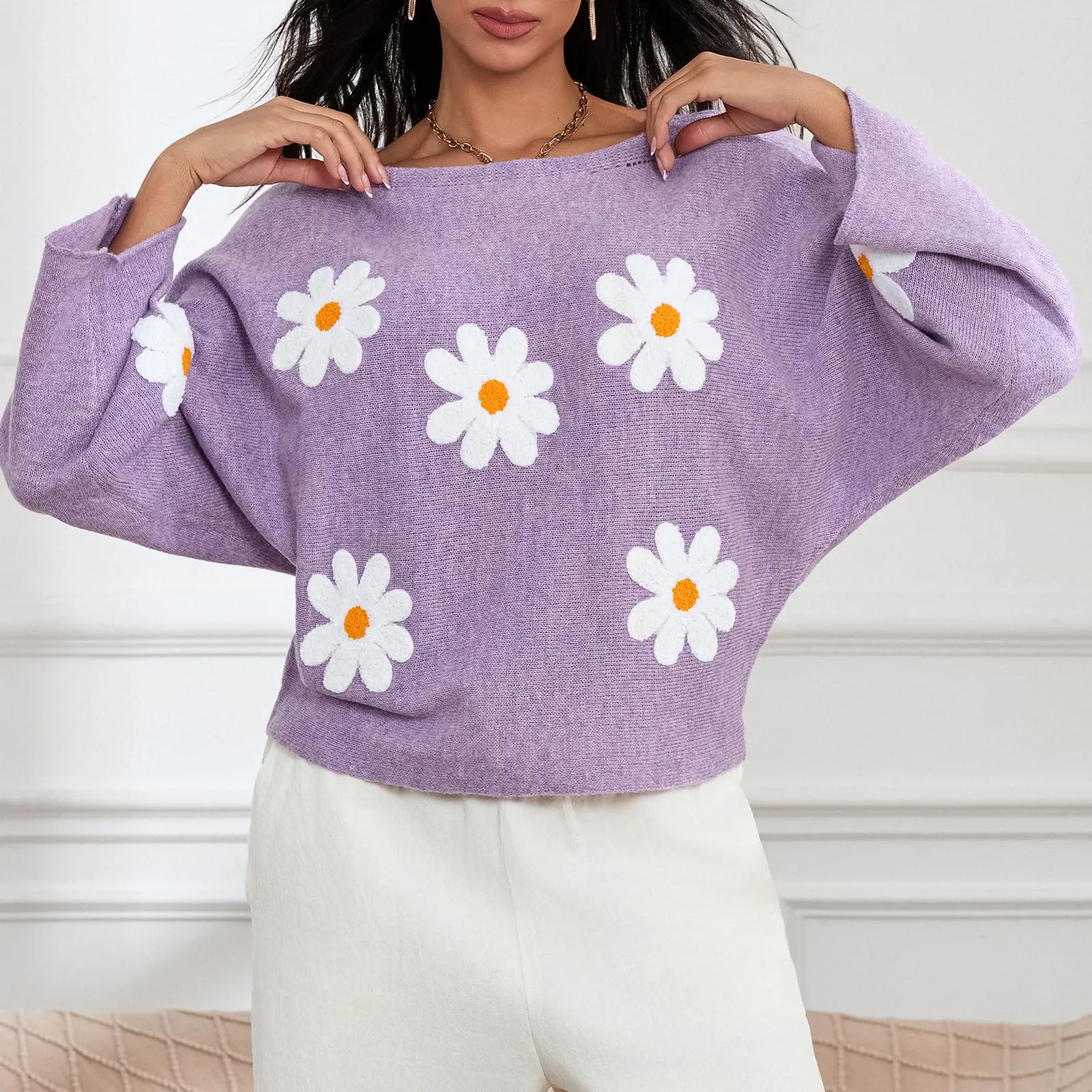 Embroidered Floral Knit Pullover Sweater