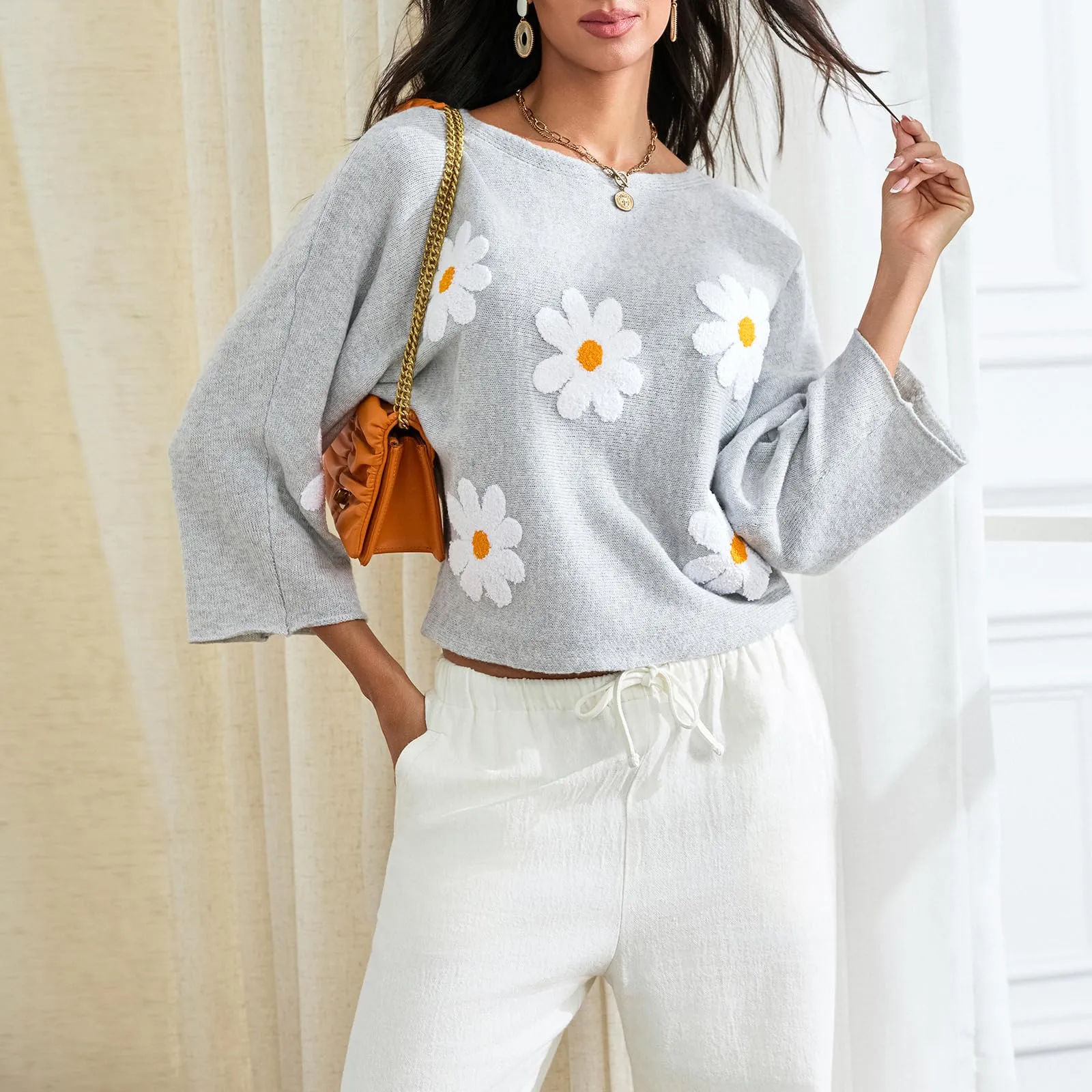 Embroidered Floral Knit Pullover Sweater