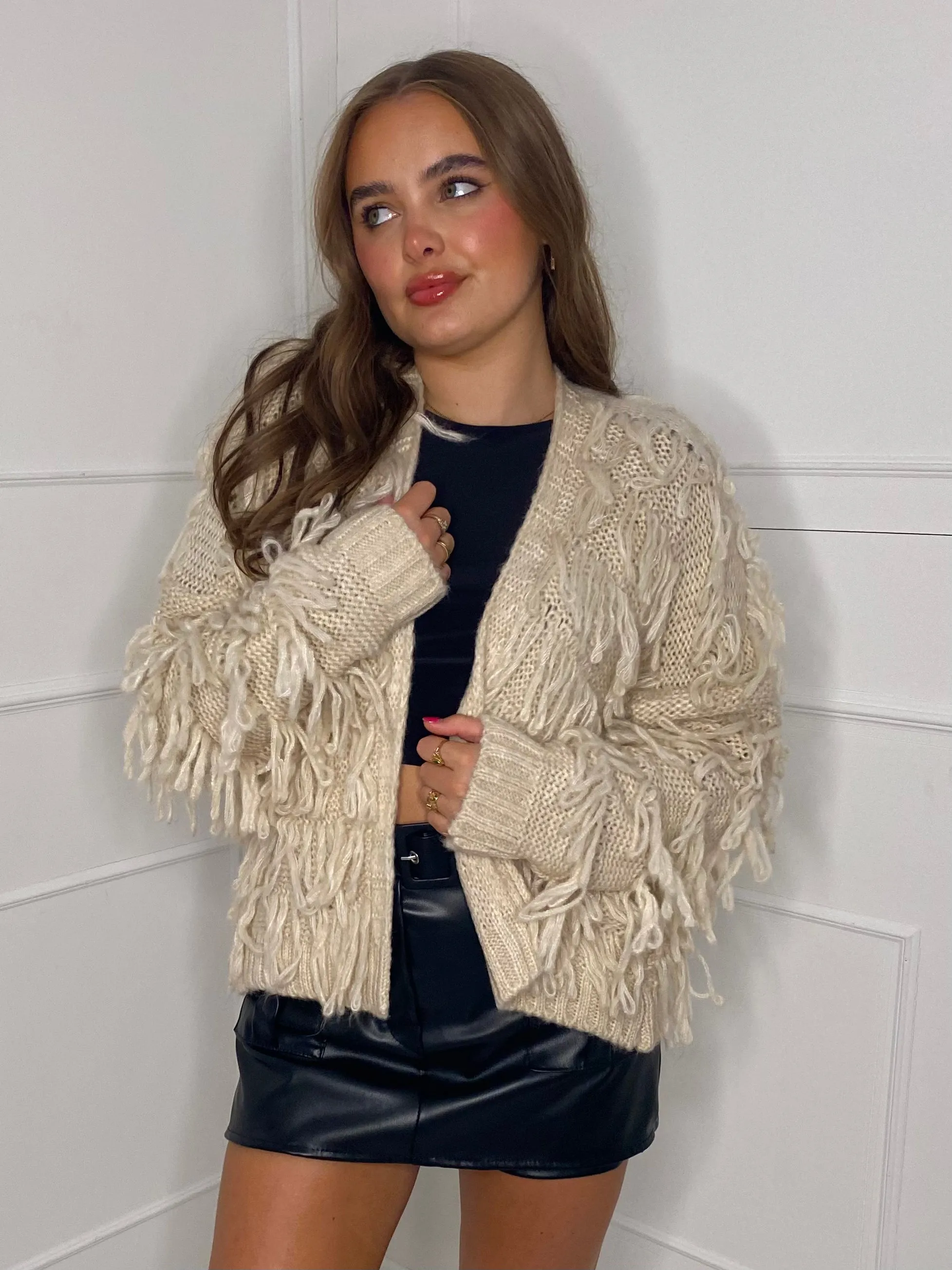Fringe Detail Cardigan - Beige