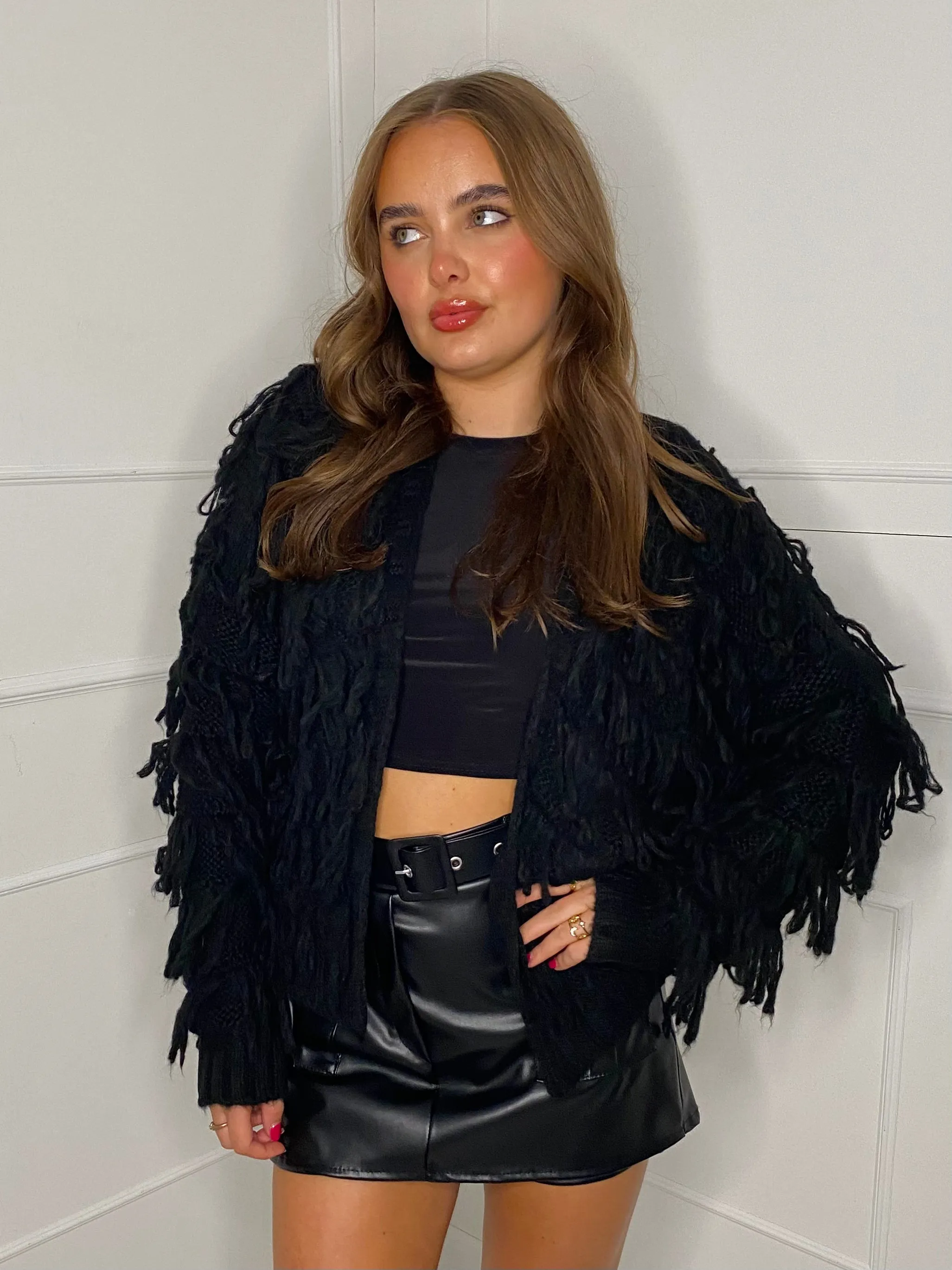 Fringe Detail Cardigan - Black