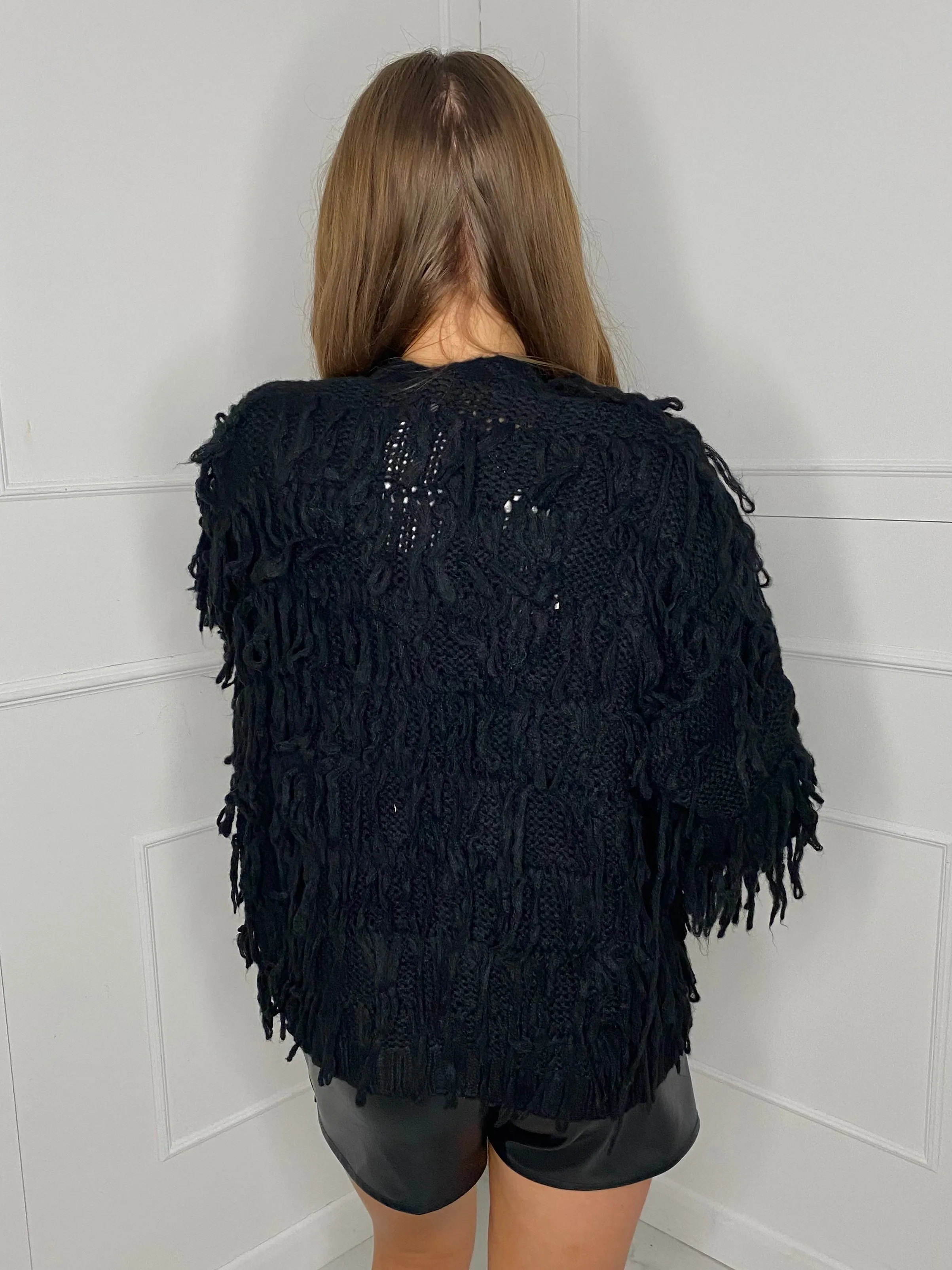 Fringe Detail Cardigan - Black