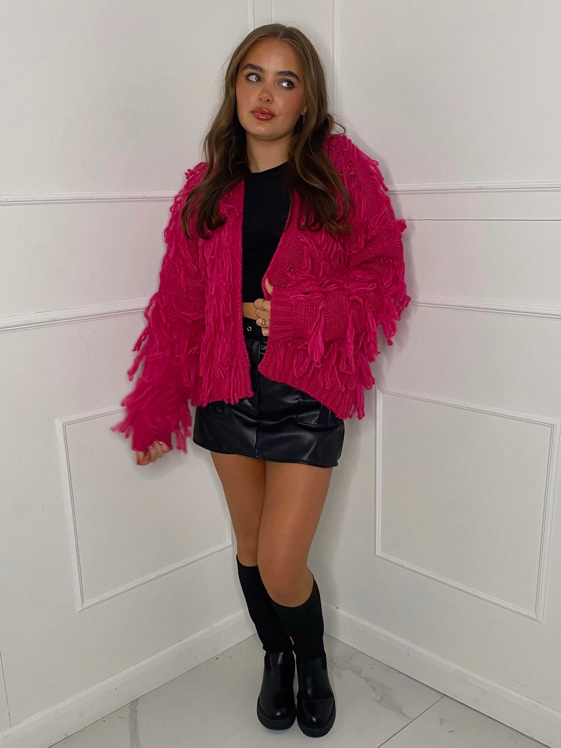 Fringe Detail Cardigan - Cerise
