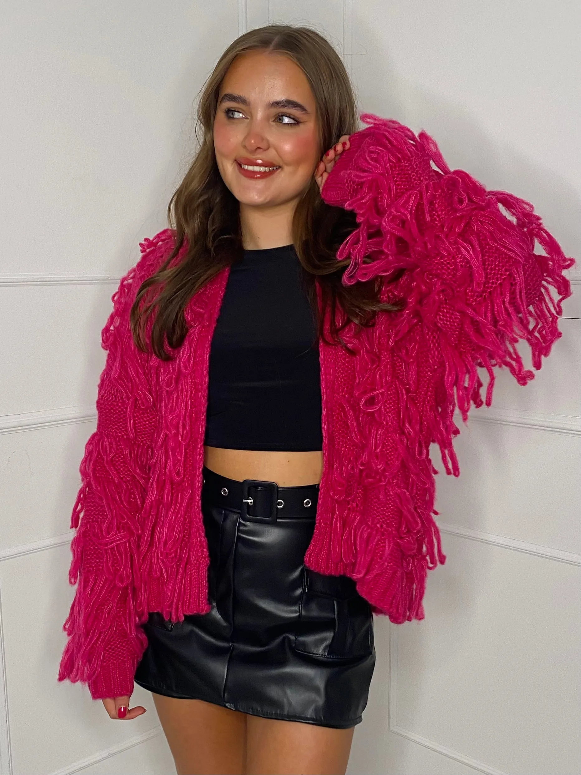 Fringe Detail Cardigan - Cerise