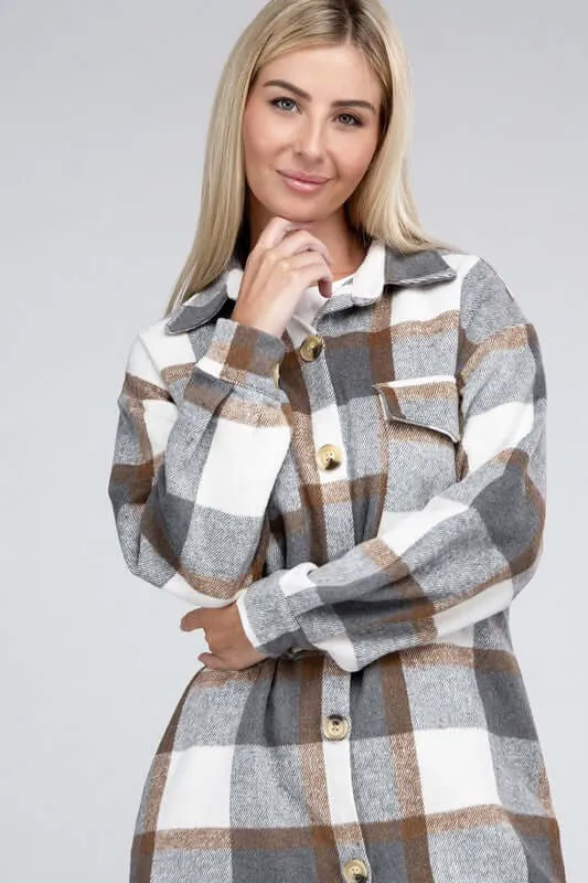 Grey White Plaid Flap Pocket Drop Shoulder Long Shirt