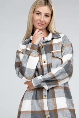 Grey White Plaid Flap Pocket Drop Shoulder Long Shirt