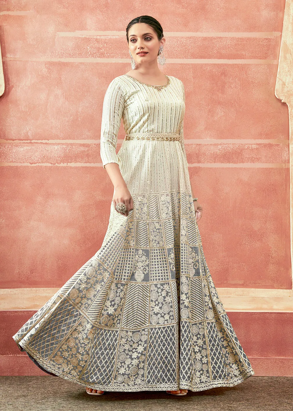 Off White & Grey Georgette Embroidered Festive Anarkali Suit