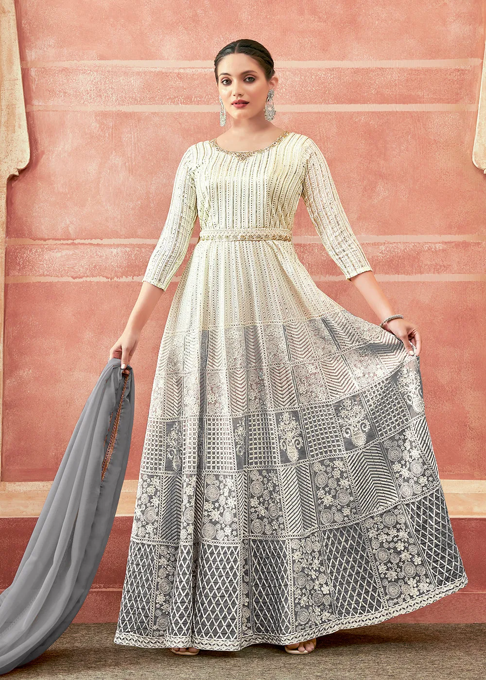 Off White & Grey Georgette Embroidered Festive Anarkali Suit