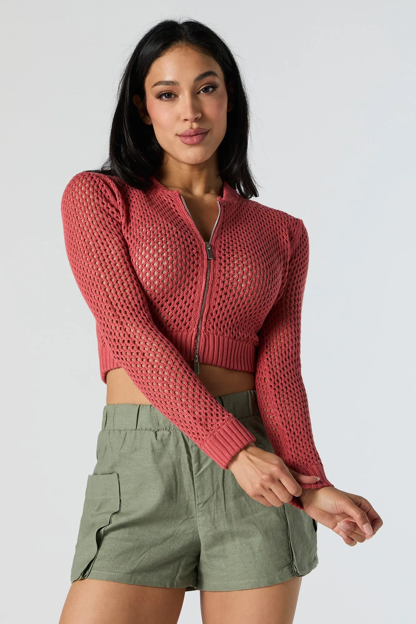 Open Knit Zip-Up Cropped Sweater