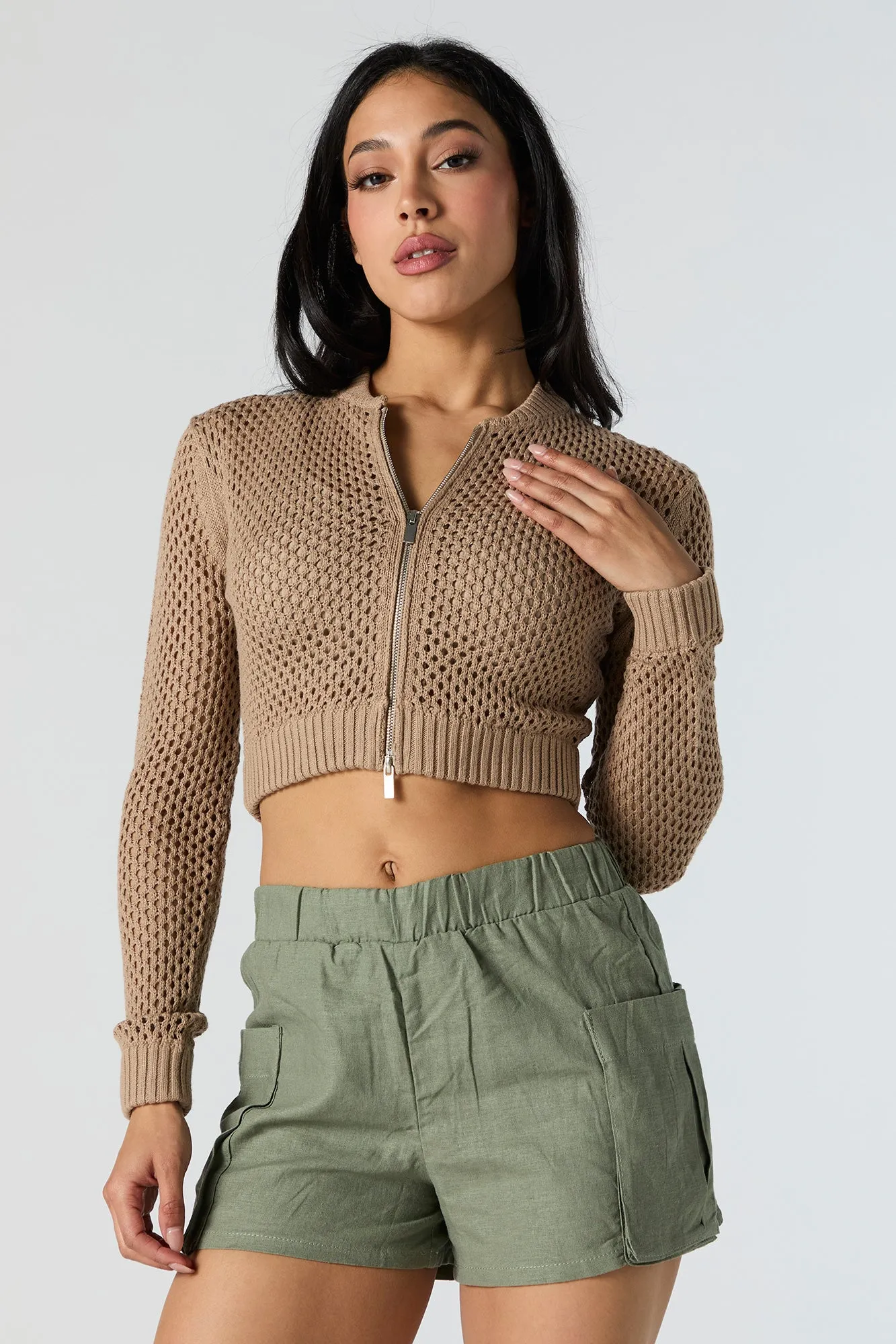 Open Knit Zip-Up Cropped Sweater
