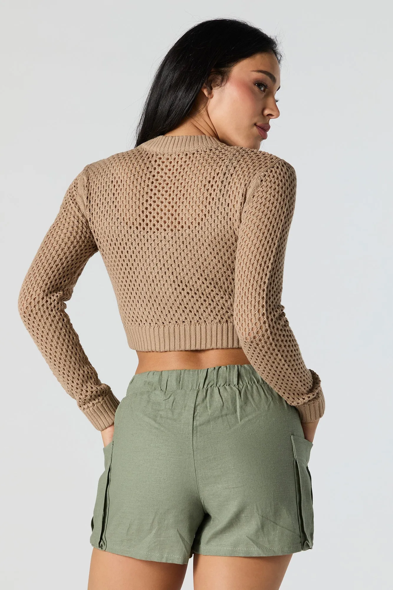 Open Knit Zip-Up Cropped Sweater