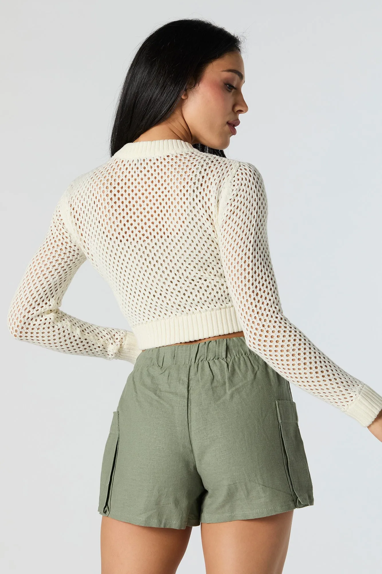 Open Knit Zip-Up Cropped Sweater