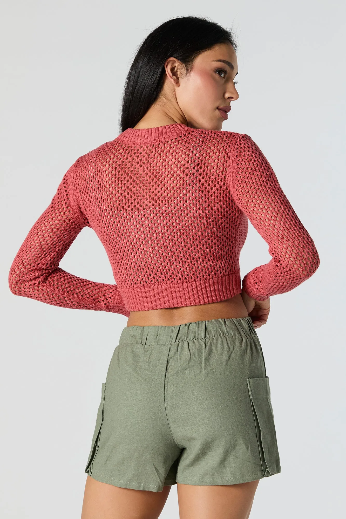 Open Knit Zip-Up Cropped Sweater