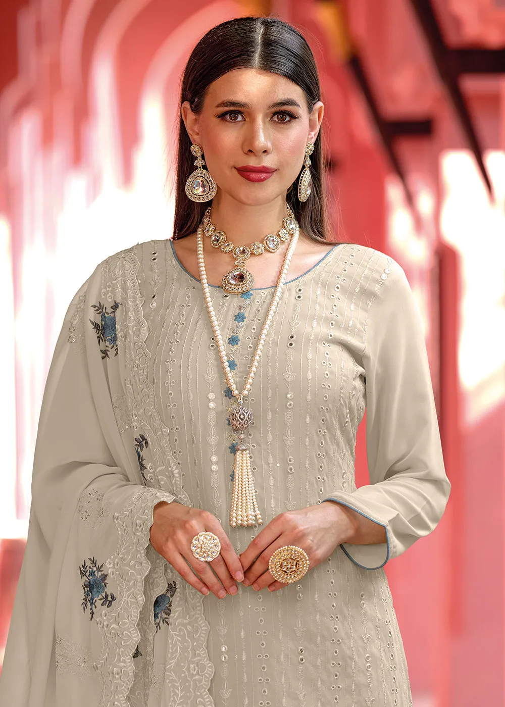 Pakistani Style Elegant Grey Embroidered Eid Wear Kurta Set