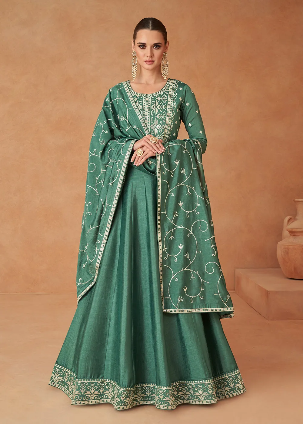 Premium Green Sequins & Thread Designer Anarkali Suit