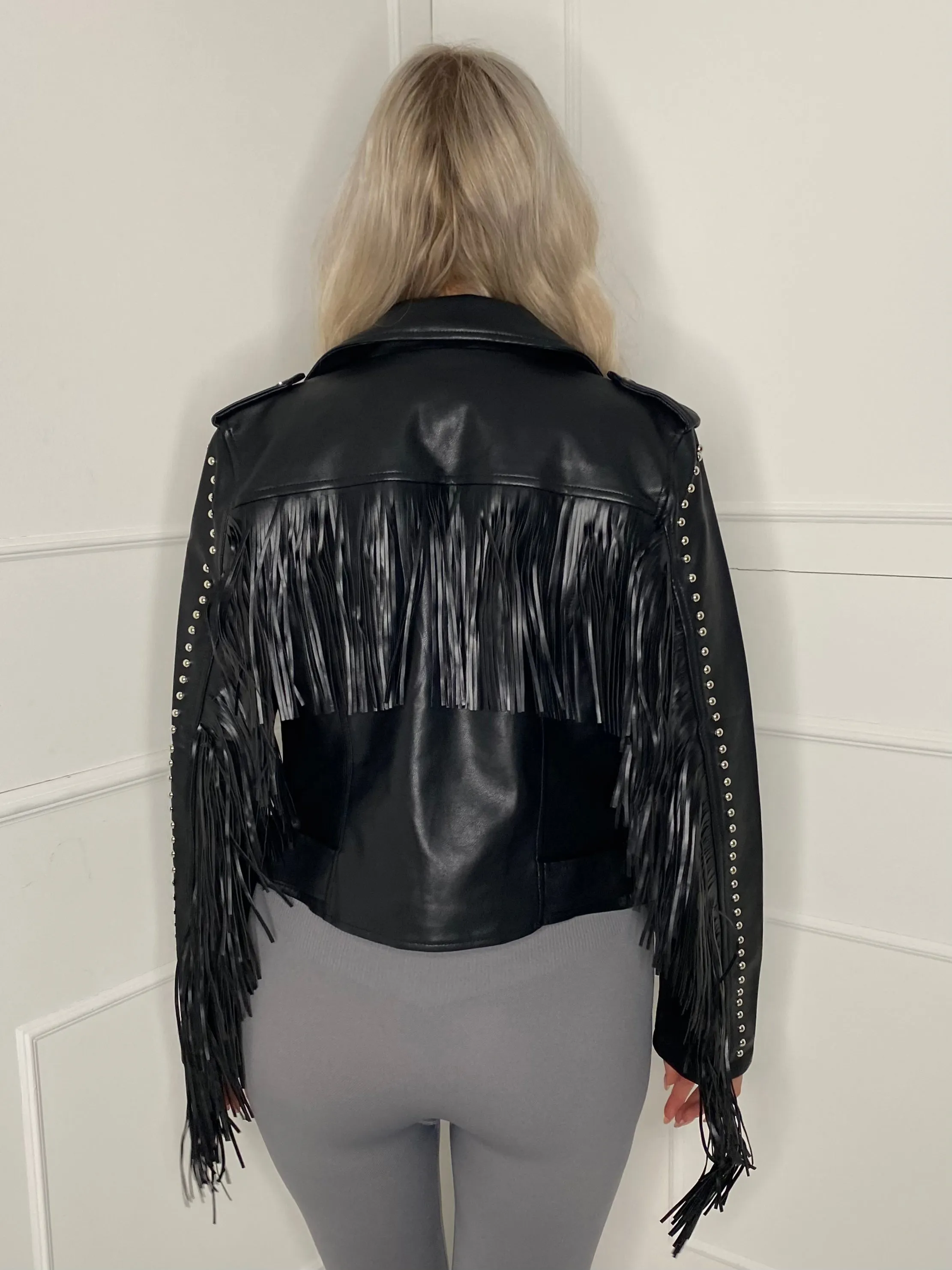 Tassel Detail Leather Look Jacket - Black