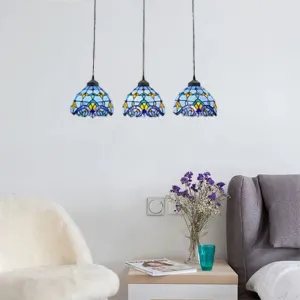 Victorian Stained Glass Pendant Light - White/Blue, Linear/Round Design, 3 Heads - Ideal for Dining Room