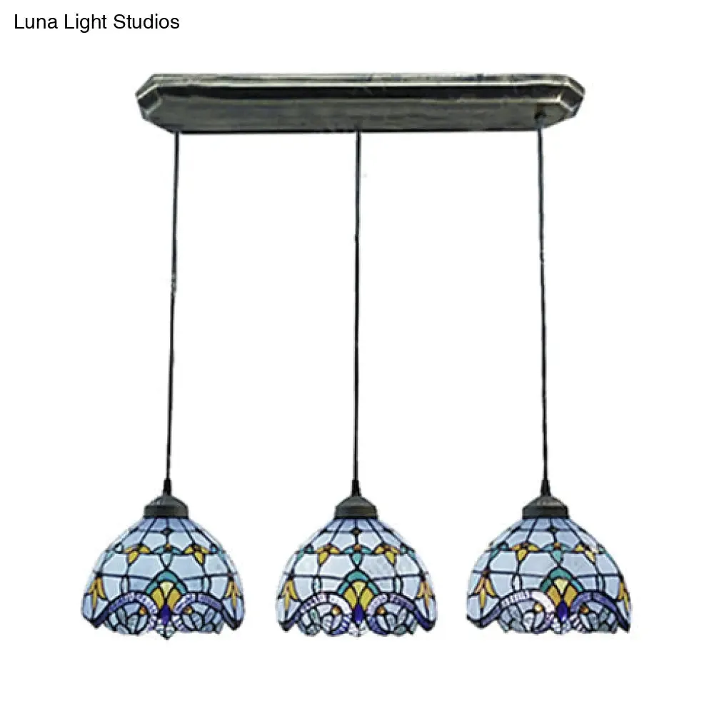 Victorian Stained Glass Pendant Light - White/Blue, Linear/Round Design, 3 Heads - Ideal for Dining Room