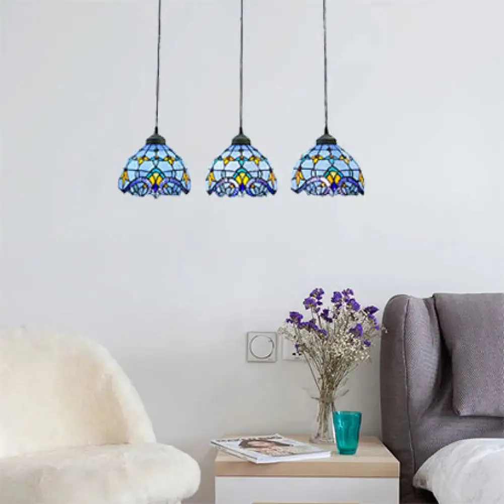 Victorian Stained Glass Pendant Light - White/Blue, Linear/Round Design, 3 Heads - Ideal for Dining Room