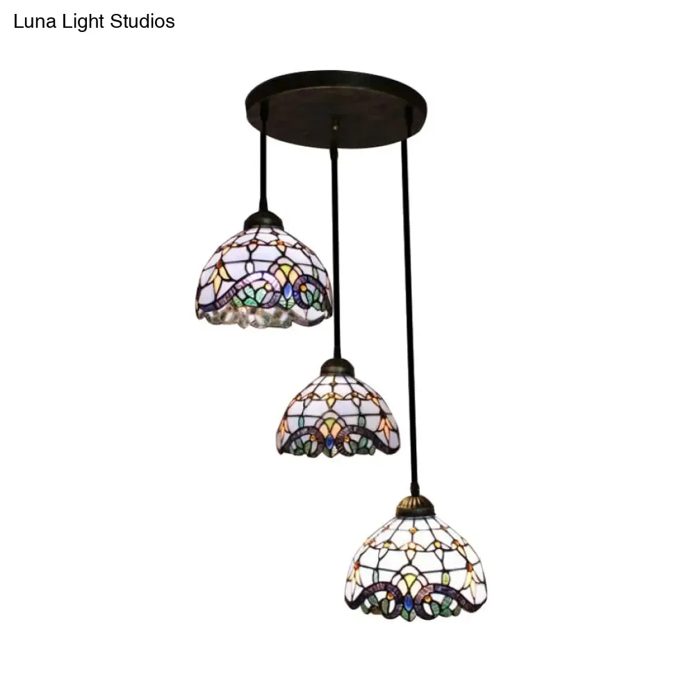Victorian Stained Glass Pendant Light - White/Blue, Linear/Round Design, 3 Heads - Ideal for Dining Room