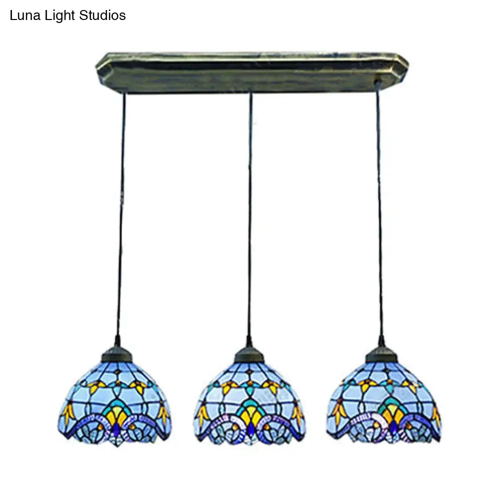 Victorian Stained Glass Pendant Light - White/Blue, Linear/Round Design, 3 Heads - Ideal for Dining Room